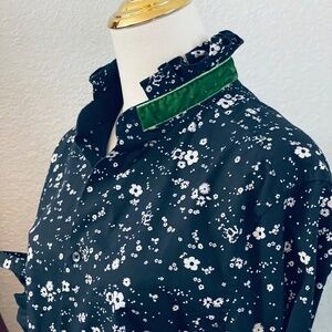 Navy Blue and Cream Reworked Long Sleeve Button Down Ruffle Collar Upcycled Shir